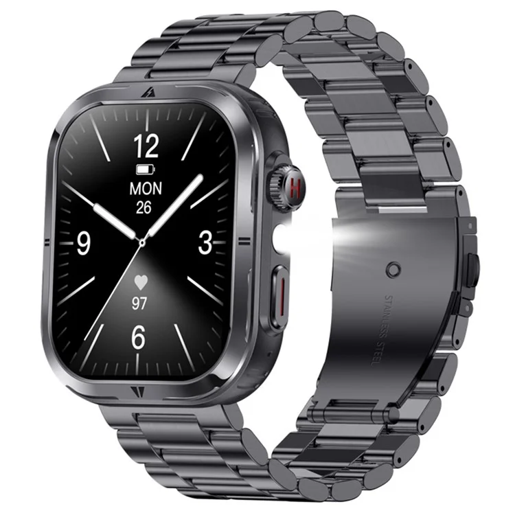 MK86 2.01-inch Screen Bluetooth-compatible Call Smart Watch Health Monitoring Flashlight Sports Watch, Silicone + Steel Strap - Black