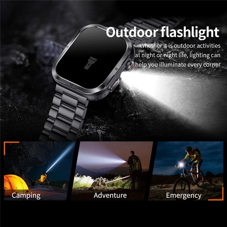 MK86 2.01-inch Screen Bluetooth-compatible Call Smart Watch Health Monitoring Flashlight Sports Watch, Silicone + Steel Strap - Black