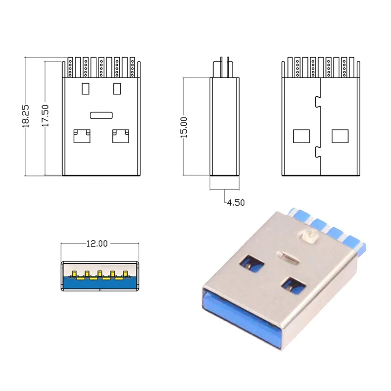 CN-024-MA Solder Type USB 3.0 Type-A Male Plug Connector with Aluminum Alloy Shell for 6.0mm Cable