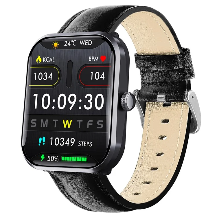 F96 Smart Watch SOS Bluetooth-compatible Call Bracelet Blood Sugar Monitoring Fitness Tracker (Leather Strap) - Black