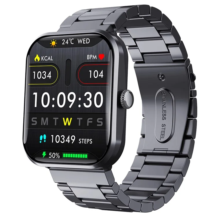 F96 Smart Watch SOS Bluetooth-compatible Call Bracelet Blood Sugar Monitoring Fitness Tracker (Steel Strap) - Black