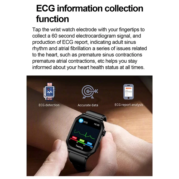 ET280 ECG Smart Watch Monitoring Blood Oxygen SOS Bracelet Wrist Band with Silicone Strap - Black