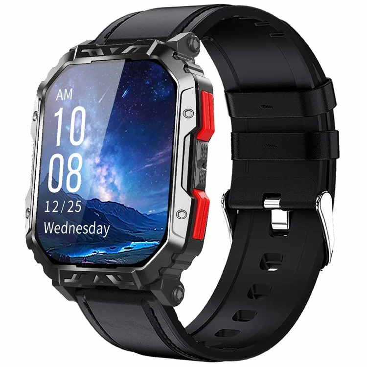 F407 Outdoor Waterproof Rugged Smart Watch Blood Sugar Heart Rate Monitor with Leather Strap - Black