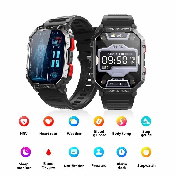 F407 Outdoor Waterproof Rugged Smart Watch Blood Sugar Heart Rate Monitor with Silicone Strap