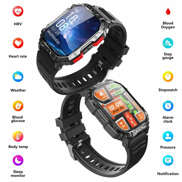 F407 Outdoor Waterproof Rugged Smart Watch Blood Sugar Heart Rate Monitor with Silicone Strap