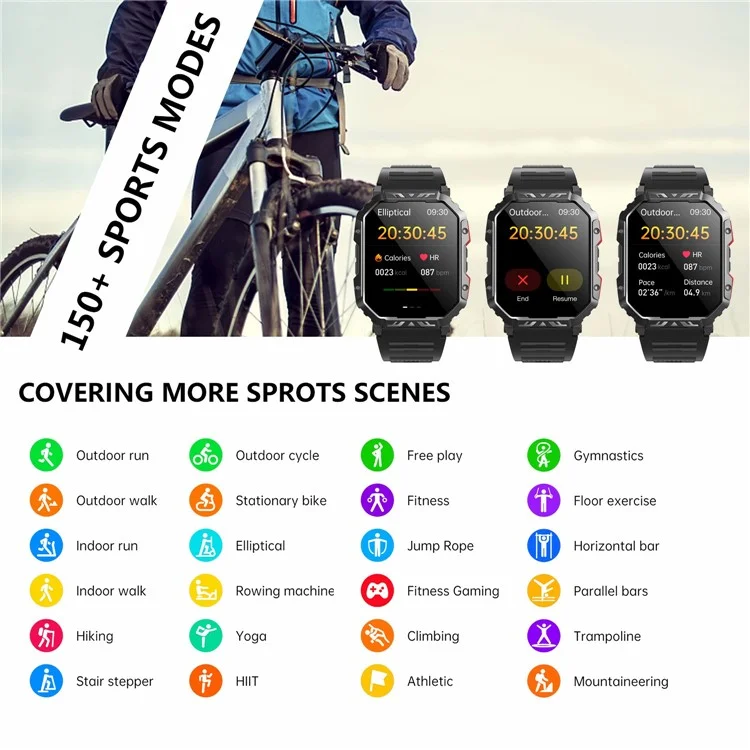 F407 Outdoor Waterproof Rugged Smart Watch Blood Sugar Heart Rate Monitor with Silicone Strap