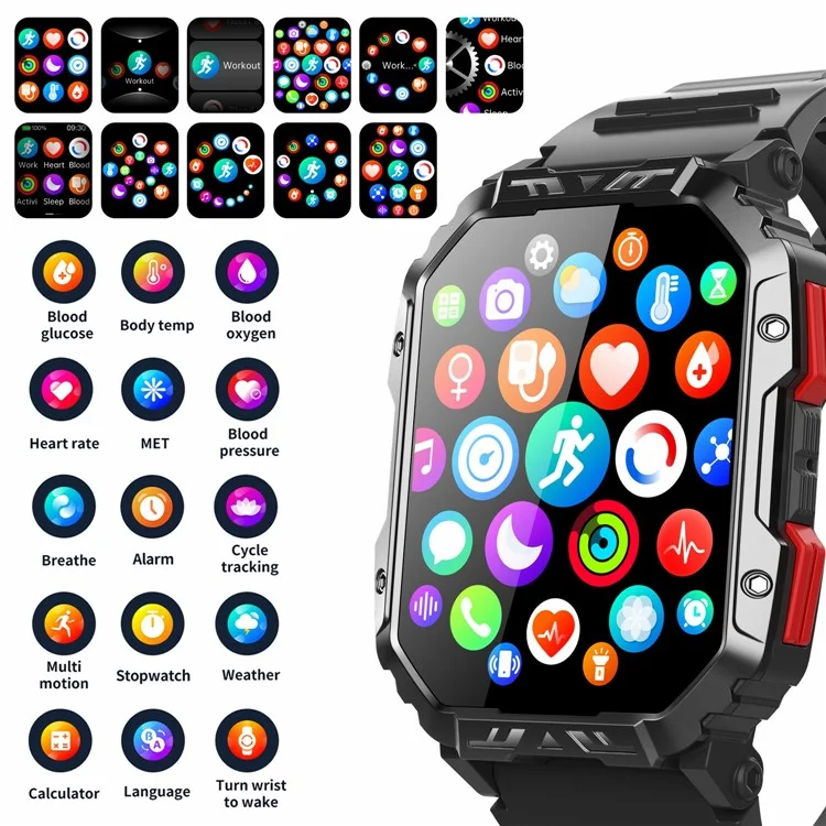 F407 Outdoor Waterproof Rugged Smart Watch Blood Sugar Heart Rate Monitor with Silicone Strap