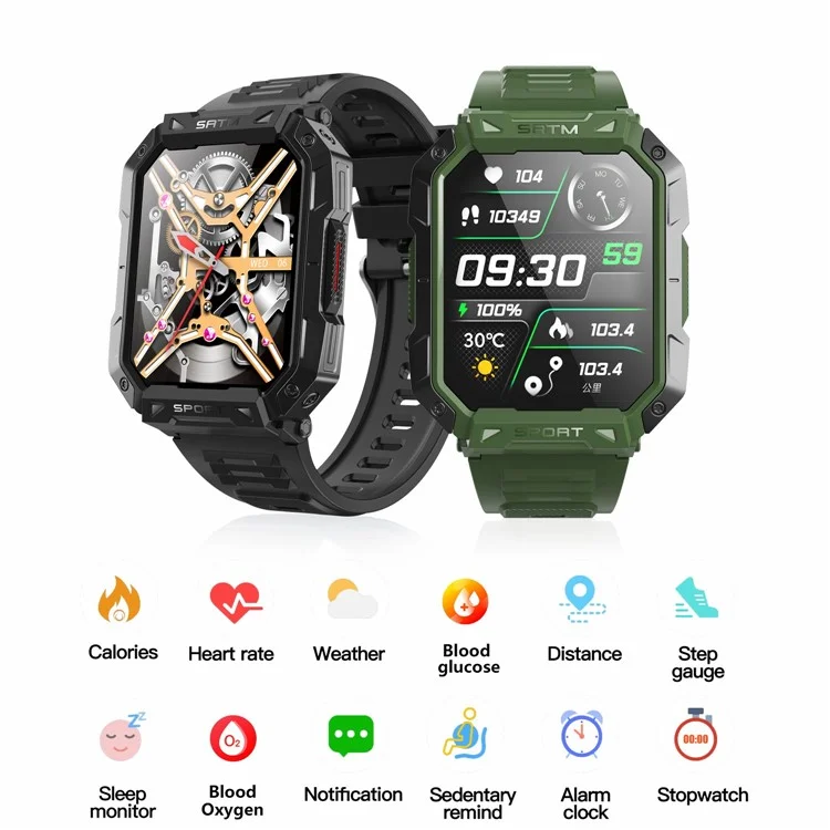 F307 Waterproof Rugged Smart Watch Bluetooth-compatible Call 2.1 inch Screen Sports Tracker Blood Sugar Monitor - Green