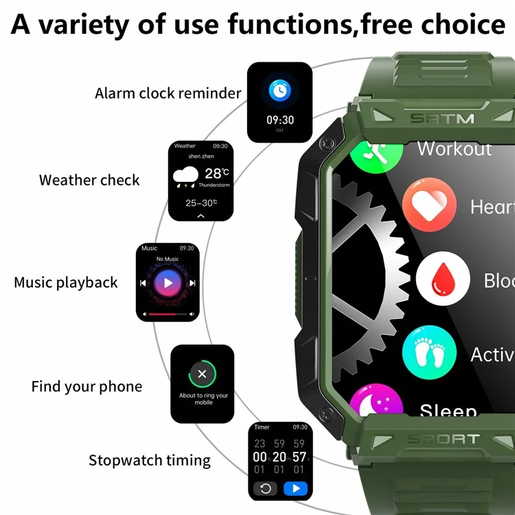 F307 Waterproof Rugged Smart Watch Bluetooth-compatible Call 2.1 inch Screen Sports Tracker Blood Sugar Monitor - Green