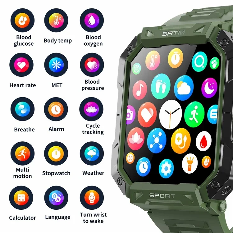 F307 Waterproof Rugged Smart Watch Bluetooth-compatible Call 2.1 inch Screen Sports Tracker Blood Sugar Monitor - Green