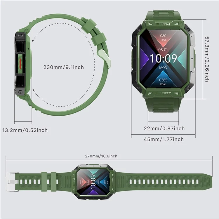 F307 Waterproof Rugged Smart Watch Bluetooth-compatible Call 2.1 inch Screen Sports Tracker Blood Sugar Monitor - Green