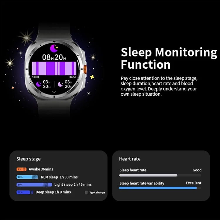 W7 1.43-inch AMOLED Screen Health Monitoring Smart Watch Waterproof Sports Smart Bracelet - Black