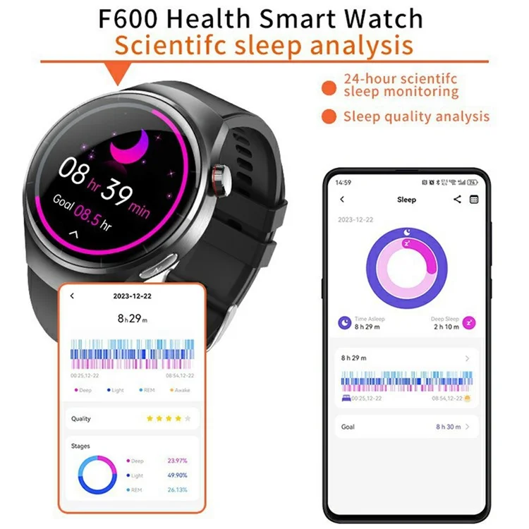 F600 Sports Smart Watch Heart Rate Monitor Fitness Tracker with Silicone Strap - Black