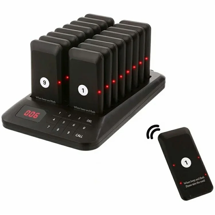 Wireless Restaurant Buzzer Pager 16 Beepers Queuing System for Guest Calling, EU Plug - Black