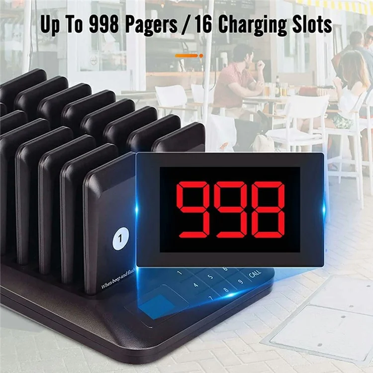 Wireless Restaurant Buzzer Pager 16 Beepers Queuing System for Guest Calling, EU Plug - Black