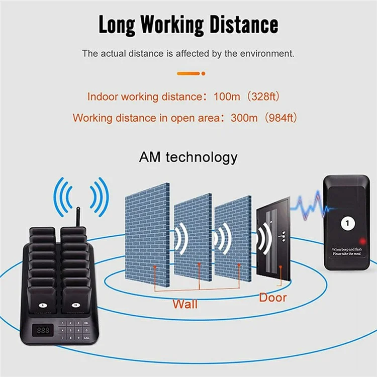 Wireless Restaurant Buzzer Pager 16 Beepers Queuing System for Guest Calling, EU Plug - Black