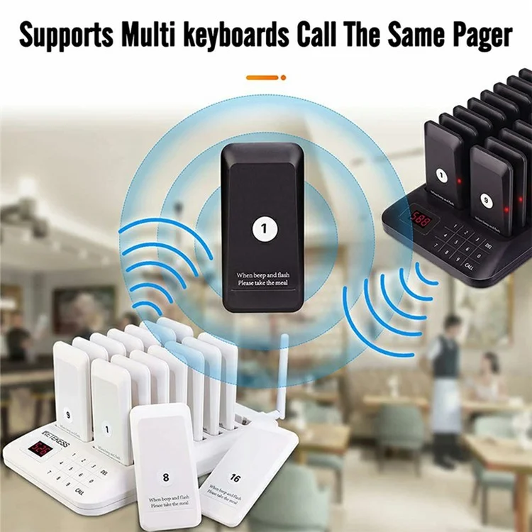 Wireless Restaurant Buzzer Pager 16 Beepers Queuing System for Guest Calling, EU Plug - Black