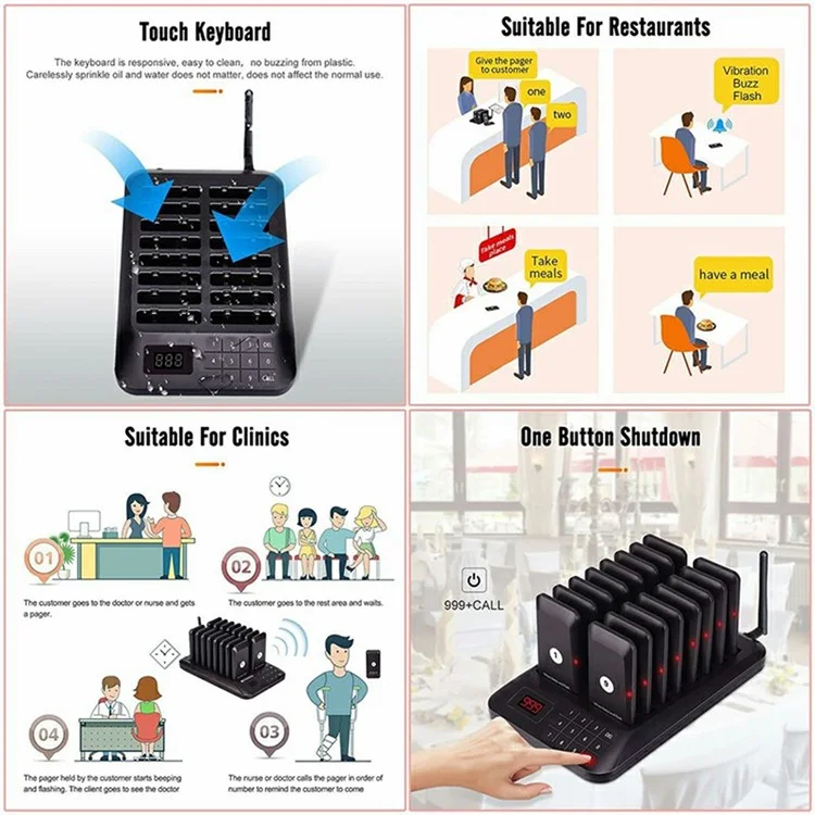 Wireless Restaurant Buzzer Pager 16 Beepers Queuing System for Guest Calling, EU Plug - Black