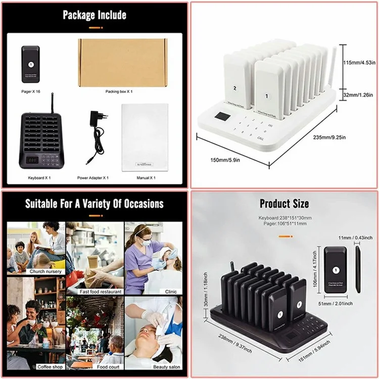 Wireless Restaurant Buzzer Pager 16 Beepers Queuing System for Guest Calling, EU Plug - Black