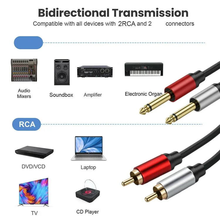0.3m Dual 1 / 4 inch TS to Dual RCA Stereo Audio Cable 2x 6.35mm TS to RCA Male Adapter Wire