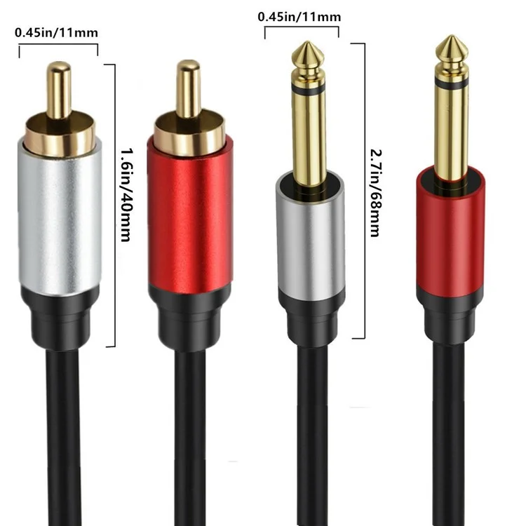 0.3m Dual 1 / 4 inch TS to Dual RCA Stereo Audio Cable 2x 6.35mm TS to RCA Male Adapter Wire