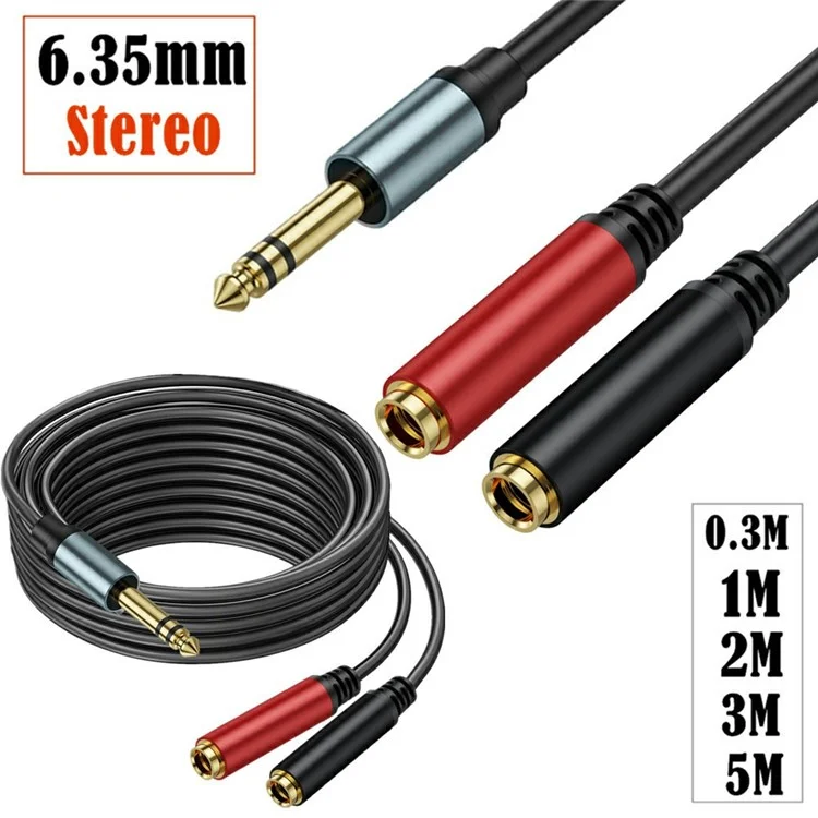 Cabo Y estéreo TRS de 1 m 1/4 polegada, plugue macho estéreo de 6,35 mm para dois conectores fêmea de 6,35 mm