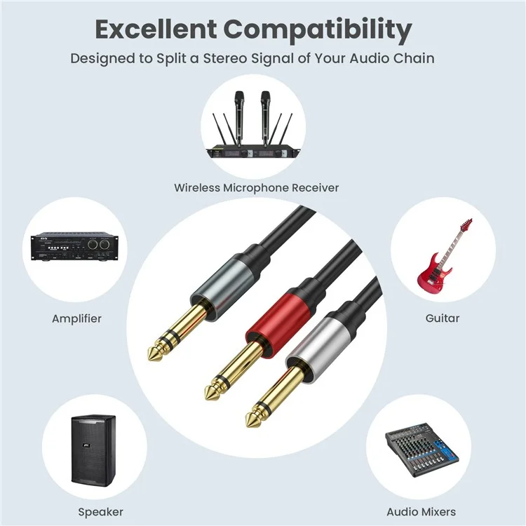 3m 1 / 4 Inch TRS Stereo Y-Splitter Cord 6.35mm Male Jack to Dual 6.35mm Male TS Mono Audio Cable