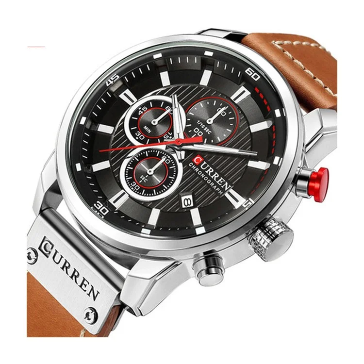 CURREN Men's Fashionable Watch 6-Pin Quartz Watch Leather Strap Automatic Date Indicator Watch - White/Black