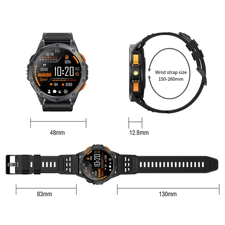 K67 GPS Smart Watch Con Linterna de 1.43 Pulgadas AMOLED Fitness Tracker Soporte Compass - Negro+naranja
