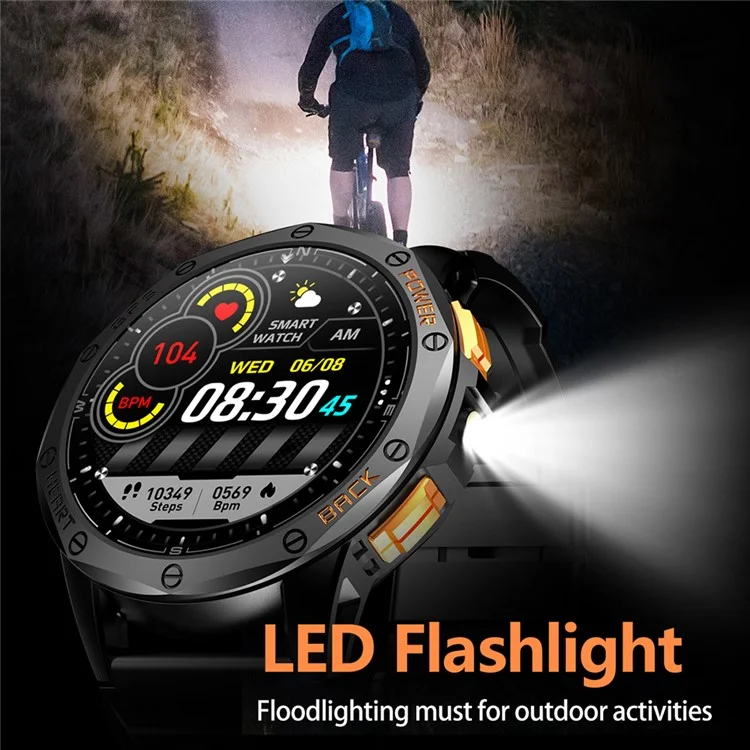 K67 GPS Smart Watch Con Linterna de 1.43 Pulgadas AMOLED Fitness Tracker Soporte Compass - Negro+naranja