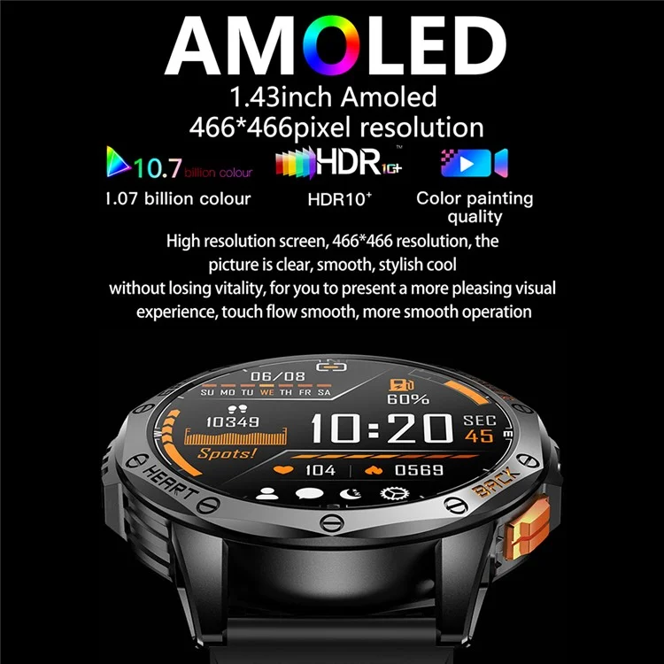 K67 GPS Smart Watch Con Linterna de 1.43 Pulgadas AMOLED Fitness Tracker Soporte Compass - Negro+naranja