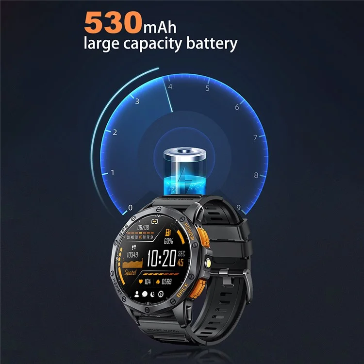 K67 GPS Smart Watch Con Linterna de 1.43 Pulgadas AMOLED Fitness Tracker Soporte Compass - Negro+naranja