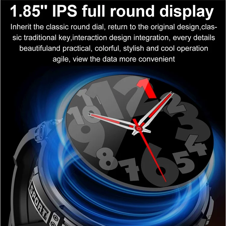K66 1,85-Zoll-IPS-Bildschirm Herzfrequenzmonitor Bluetooth-Anruf Sport-Smartwatch mit Taschenlampe - Schwarz