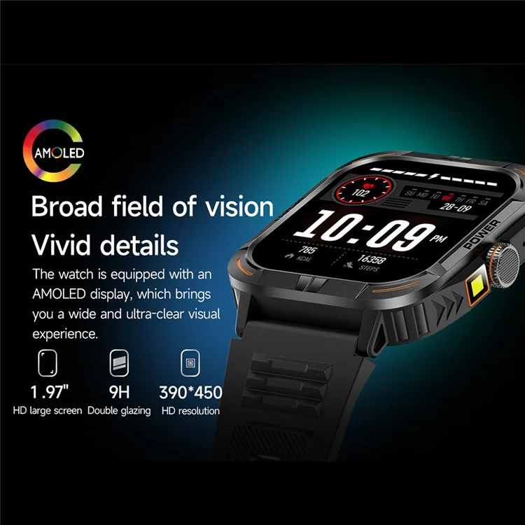 Zw69 Amoled Screen Smart Watch Dafit App Health Monitor Wasserdichte Sportuhr Mit Taschenlampe - Schwarz