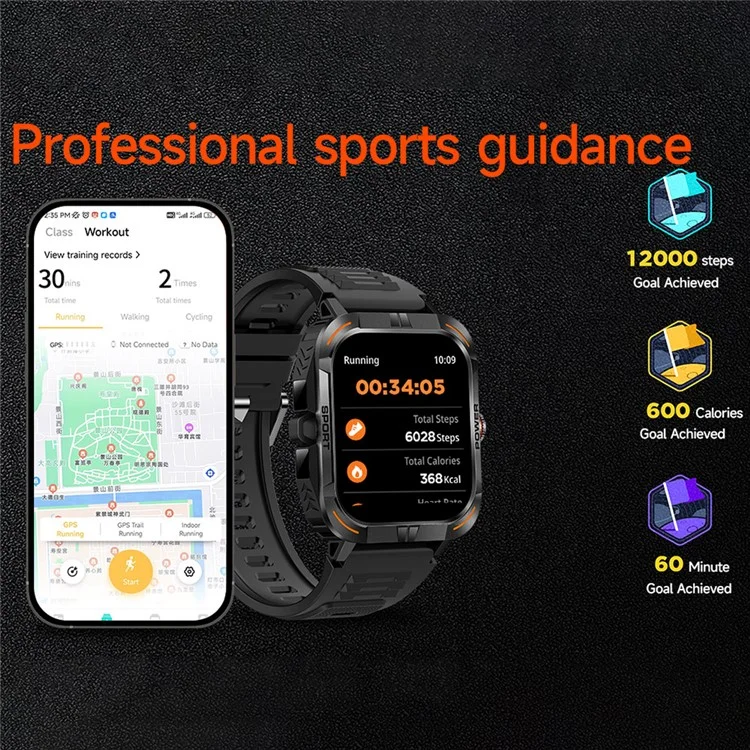 Zw69 Amoled Screen Smart Watch Dafit App Health Monitor Wasserdichte Sportuhr Mit Taschenlampe - Schwarz