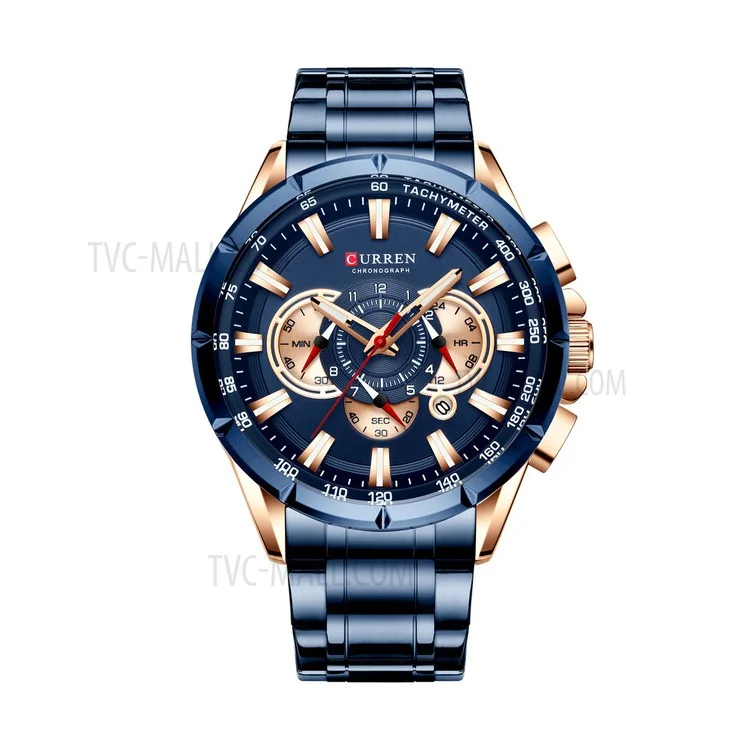 CURREN M8363 Multi-function Waterproof Men Quartz Watch Stainless Steel Strap Bussiness Style Men Wristwatch - Blue/Gold