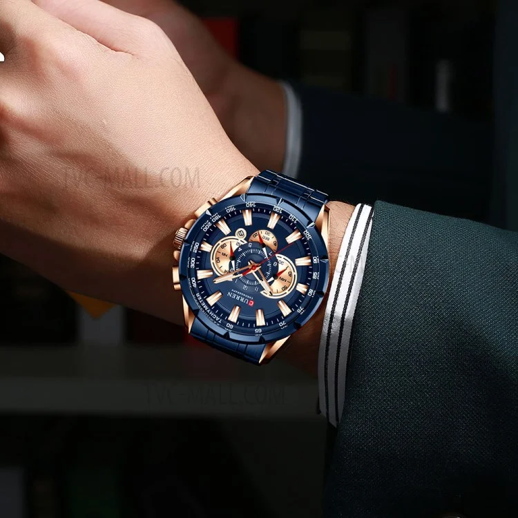CURREN M8363 Multi-function Waterproof Men Quartz Watch Stainless Steel Strap Bussiness Style Men Wristwatch - Blue/Gold