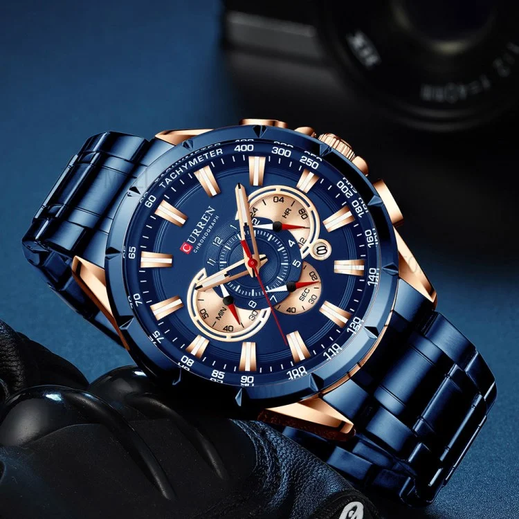 CURREN M8363 Multi-function Waterproof Men Quartz Watch Stainless Steel Strap Bussiness Style Men Wristwatch - Blue/Gold