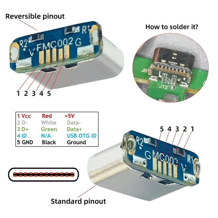 CN-032 10Pcs / Set DIY Solder Type-C Female Socket Connector Replace for Micro-USB 5Pin Female
