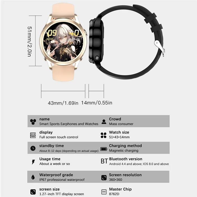 X17 Women TWS Earphones Smart Watch 2 in 1 Bluetooth-compatible Call Music Heart Rate Monitoring Watch - Gold