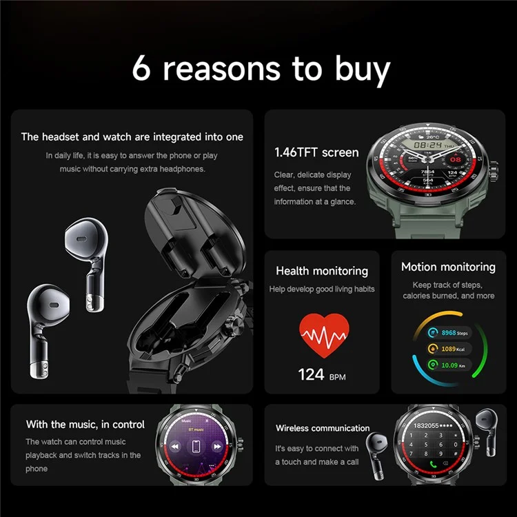 D11 2-in-1 TWS Earphones Smart Watch Bluetooth-compatible Call Health Monitoring Sports Watch - Black