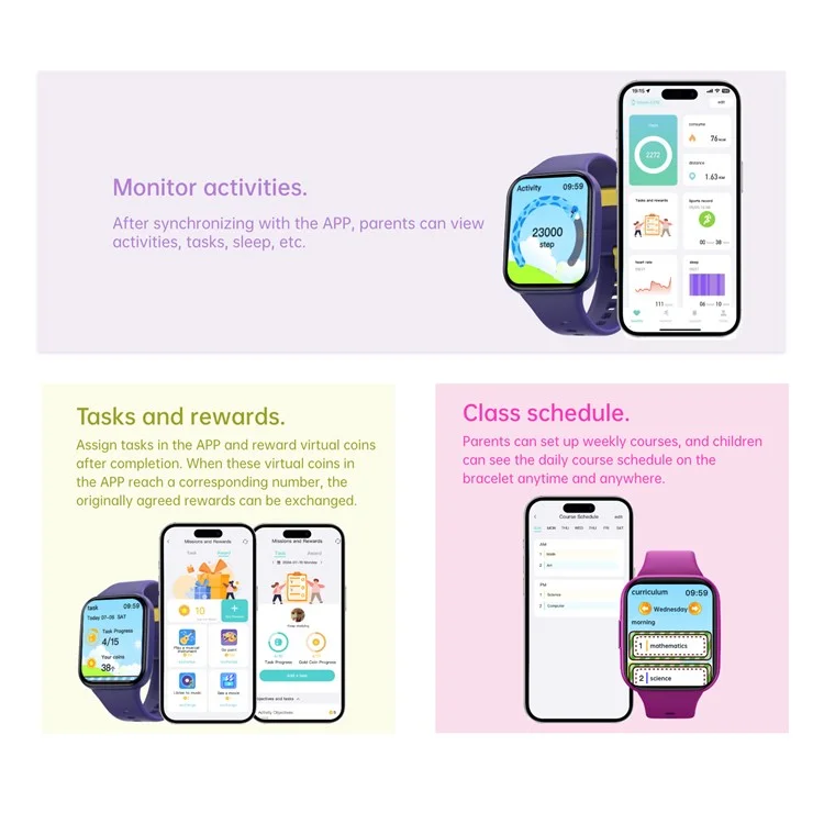 Orologio intelligente per bambini Wish 6 con monitoraggio della salute, fitness tracker interattivo e gestione delle attività con ricompense - Viola