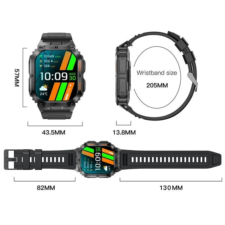 K61Pro 1.96-Zoll AMOLED-Bildschirm Smartwatch mit Gesundheitsüberwachung, Bluetooth-Anrufen und Sportverfolgung - Schwarz