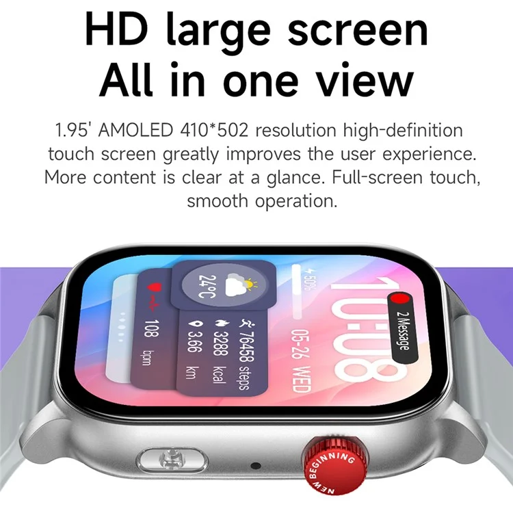KR86 1.95-inch AMOLED Screen Smart Watch Health Monitoring Sports Watch Support Bluetooth-compatible Call - Black+Silicone Strap