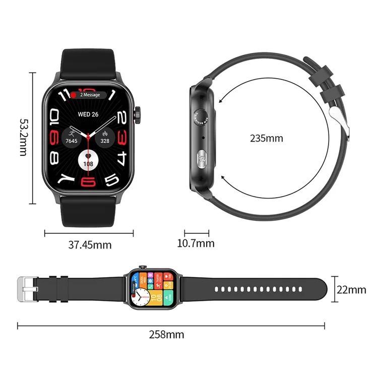 KR86 1.95-inch AMOLED Screen Smart Watch Health Monitoring Sports Watch Support Bluetooth-compatible Call - Black+Silicone Strap