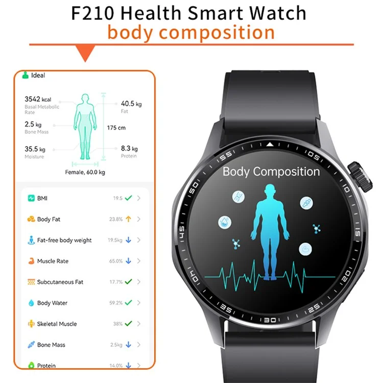 F210 Blood Pressure Heart Rate Monitor 1.55-inch Screen ECG Smart Watch Bluetooth-compatible Call Bracelet - Black 3-Bead Strap