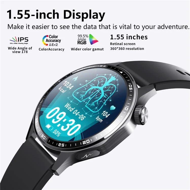 F210 Blood Pressure Heart Rate Monitor 1.55-inch Screen ECG Smart Watch Bluetooth-compatible Call Bracelet - Black 3-Bead Strap