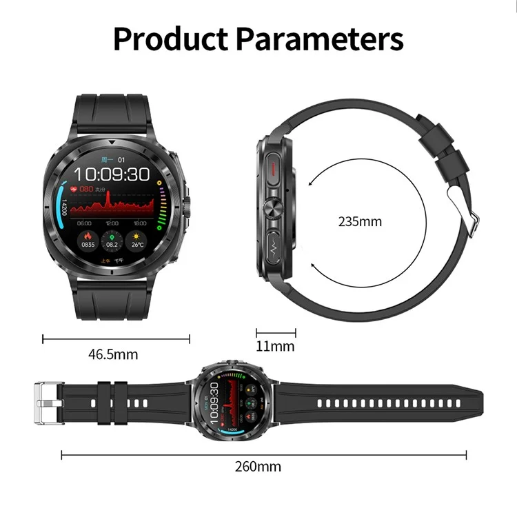 ET492 Smart Watch Bluetooth-compatible Call Body ECG Health Monitor Smartwatch, Silicone Strap - Black