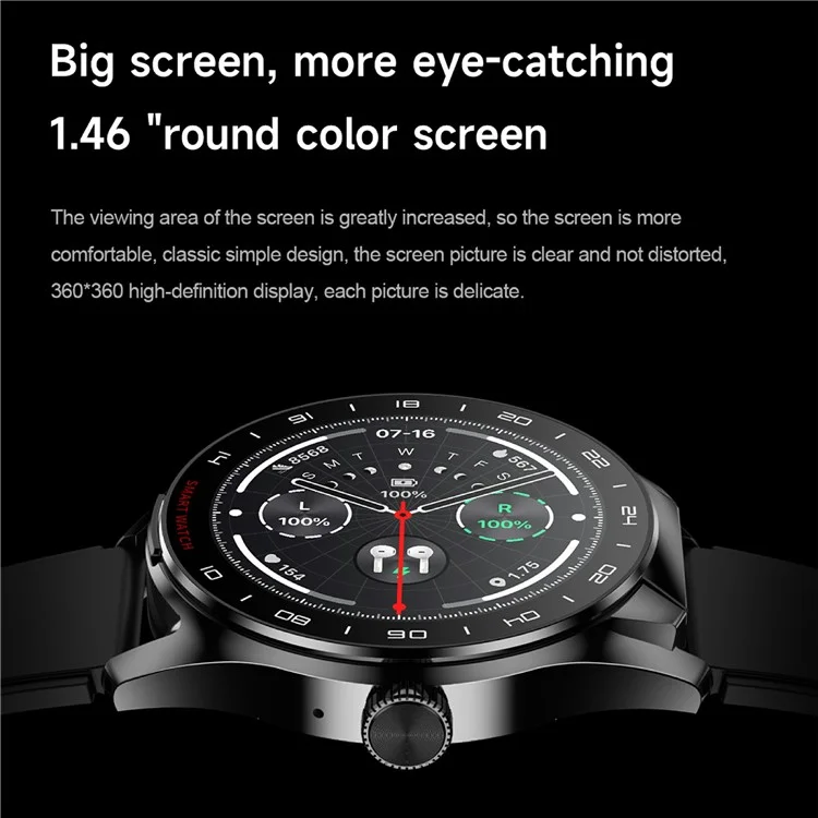 Bracelet de montre intelligent en silicone D9 avec écouteurs Bluetooth 5.3, moniteur de fréquence cardiaque, écran tactile NFC, traqueur de fitness - Noir