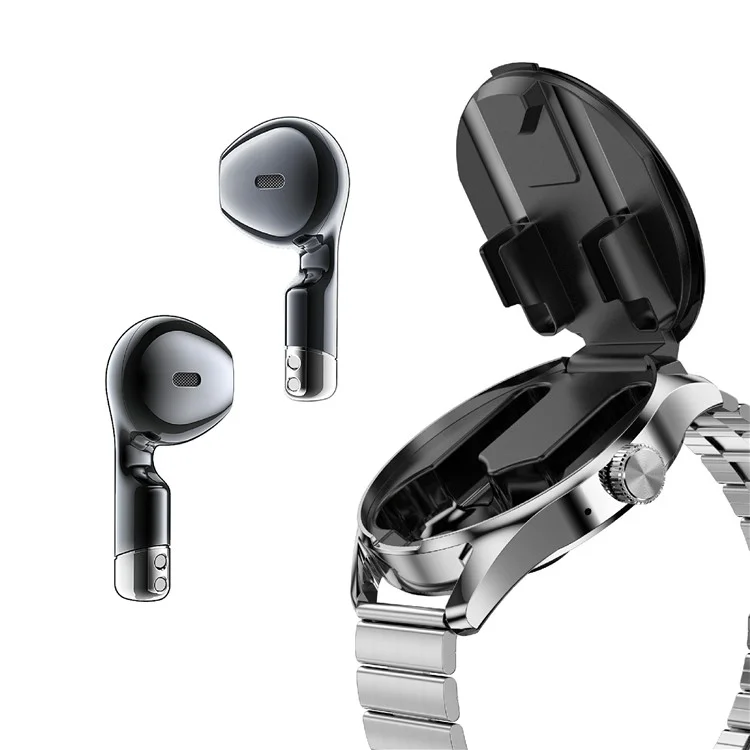 D9 Steel Strap Smart Watch with Earbuds Bluetooth-compatible 5.3 Heart Rate Monitor NFC Touch Screen Fitness Tracker - Silver